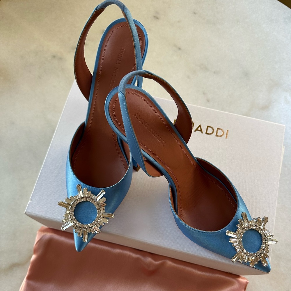 ‘BEGUM’ 95 CRYSTAL EMBELLISHED POINT TOE SATIN SLINGBACK HEELS